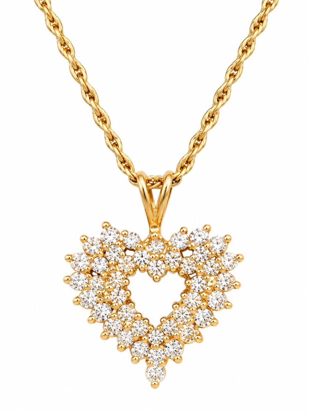 Vintage Gold Tone cluster Rhinestone Heart Pendant Necklace 18” Romantic